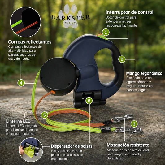 Correa retráctil doble 4 en 1 con giro 360º | USB recargable