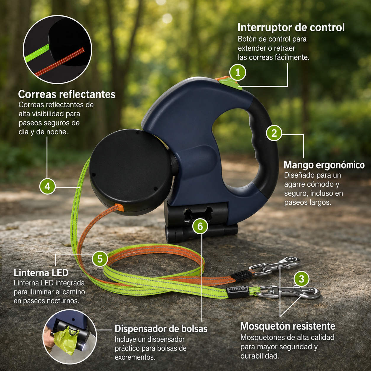 Correa retráctil doble con giro 360º | USB recargable